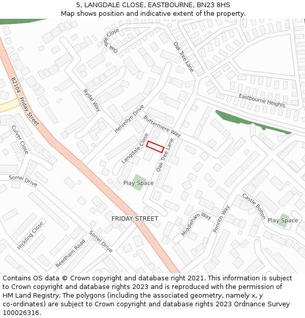 5, LANGDALE CLOSE, EASTBOURNE, BN23 8HS: Location map and indicative extent of plot
