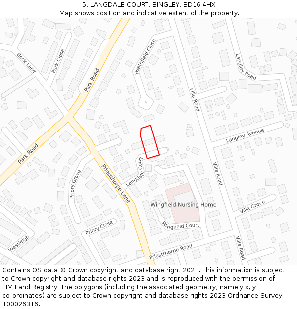 5, LANGDALE COURT, BINGLEY, BD16 4HX: Location map and indicative extent of plot