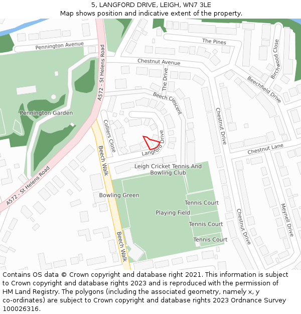 5, LANGFORD DRIVE, LEIGH, WN7 3LE: Location map and indicative extent of plot