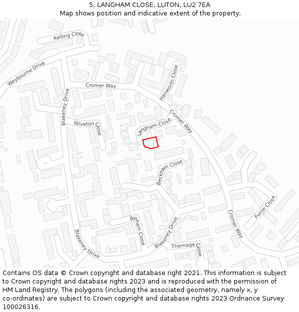 5, LANGHAM CLOSE, LUTON, LU2 7EA: Location map and indicative extent of plot