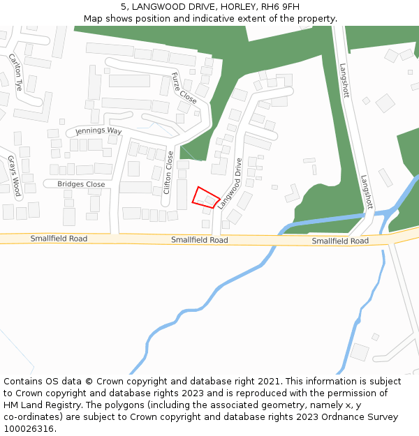 5, LANGWOOD DRIVE, HORLEY, RH6 9FH: Location map and indicative extent of plot