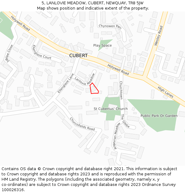 5, LANLOVIE MEADOW, CUBERT, NEWQUAY, TR8 5JW: Location map and indicative extent of plot