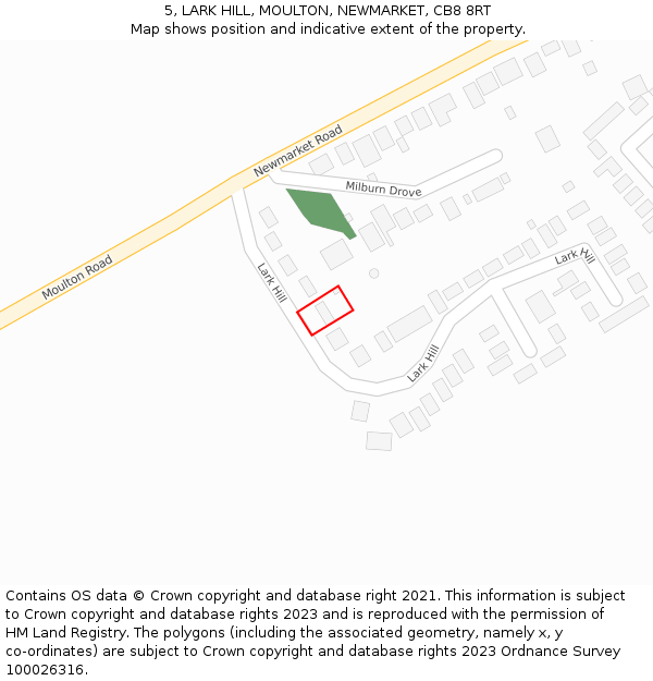 5, LARK HILL, MOULTON, NEWMARKET, CB8 8RT: Location map and indicative extent of plot