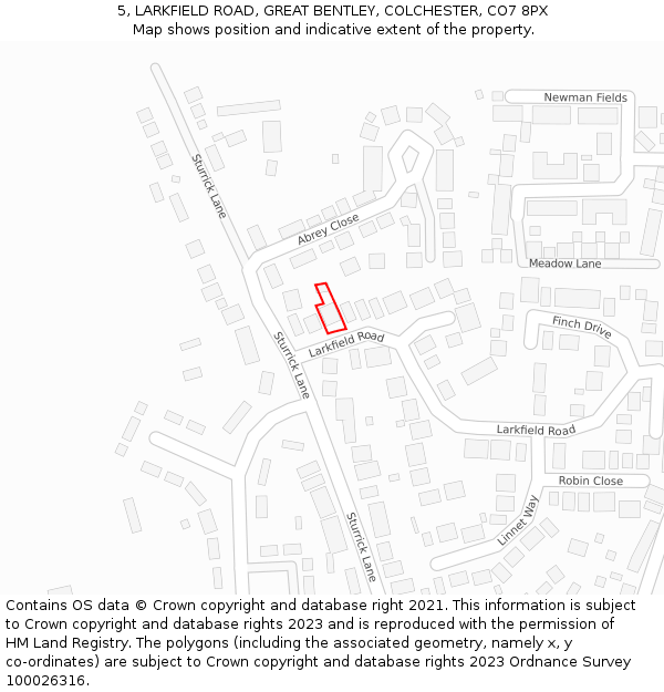 5, LARKFIELD ROAD, GREAT BENTLEY, COLCHESTER, CO7 8PX: Location map and indicative extent of plot