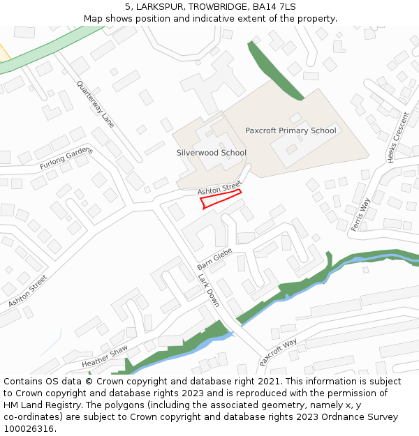 5, LARKSPUR, TROWBRIDGE, BA14 7LS: Location map and indicative extent of plot