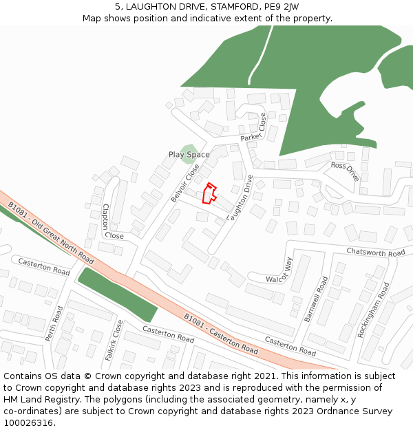 5, LAUGHTON DRIVE, STAMFORD, PE9 2JW: Location map and indicative extent of plot