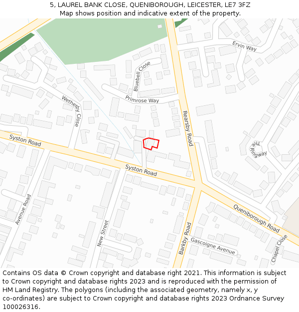 5, LAUREL BANK CLOSE, QUENIBOROUGH, LEICESTER, LE7 3FZ: Location map and indicative extent of plot