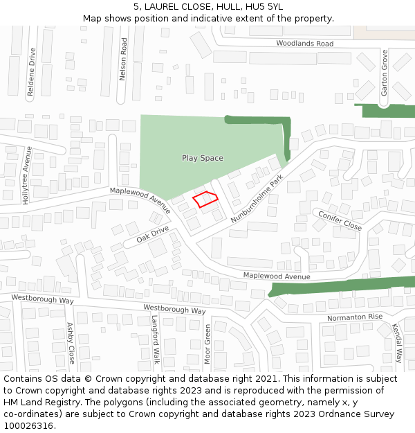 5, LAUREL CLOSE, HULL, HU5 5YL: Location map and indicative extent of plot