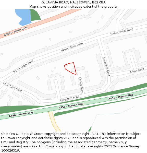 5, LAVINIA ROAD, HALESOWEN, B62 0BA: Location map and indicative extent of plot