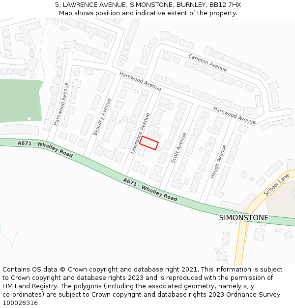 5, LAWRENCE AVENUE, SIMONSTONE, BURNLEY, BB12 7HX: Location map and indicative extent of plot