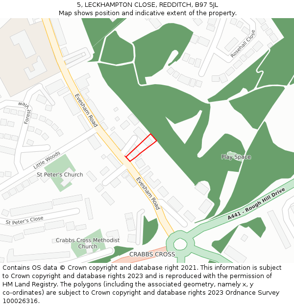 5, LECKHAMPTON CLOSE, REDDITCH, B97 5JL: Location map and indicative extent of plot