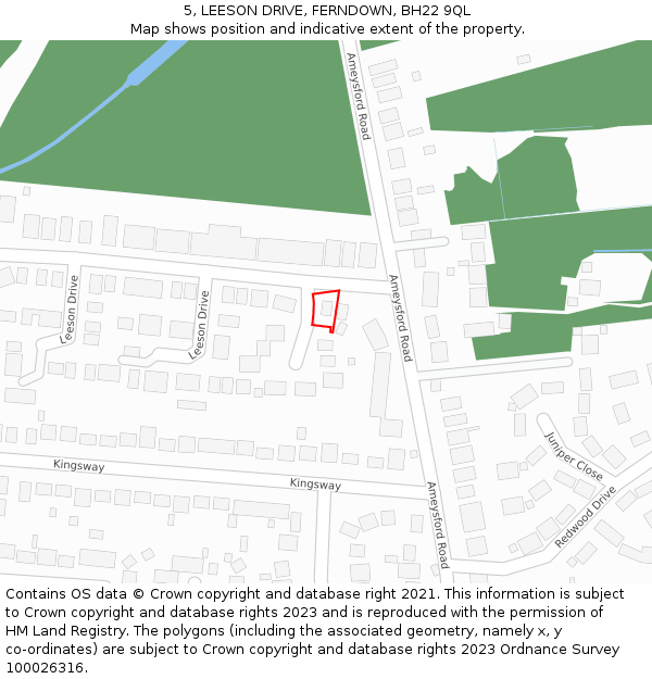 5, LEESON DRIVE, FERNDOWN, BH22 9QL: Location map and indicative extent of plot