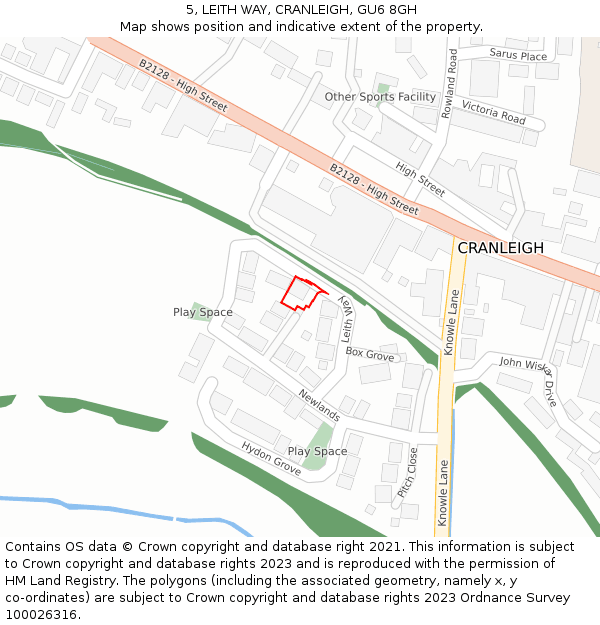 5, LEITH WAY, CRANLEIGH, GU6 8GH: Location map and indicative extent of plot