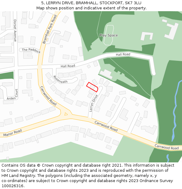 5, LERRYN DRIVE, BRAMHALL, STOCKPORT, SK7 3LU: Location map and indicative extent of plot