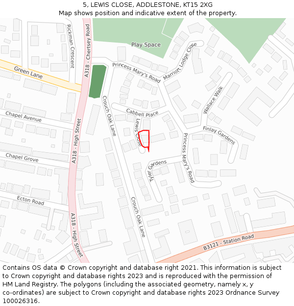 5, LEWIS CLOSE, ADDLESTONE, KT15 2XG: Location map and indicative extent of plot