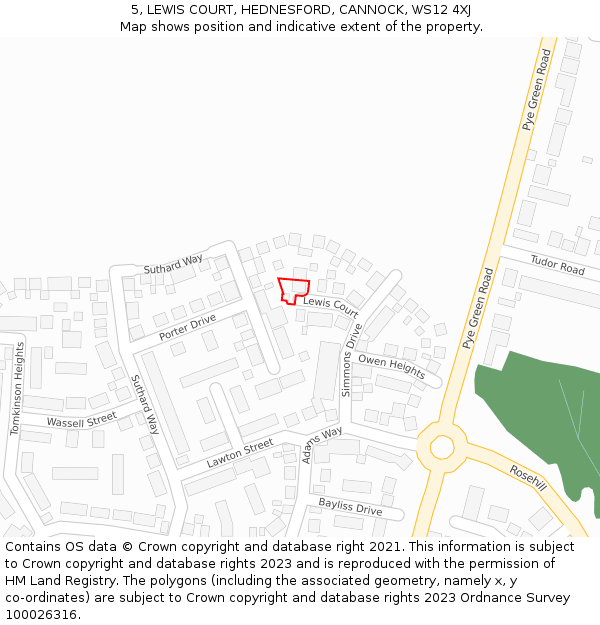 5, LEWIS COURT, HEDNESFORD, CANNOCK, WS12 4XJ: Location map and indicative extent of plot