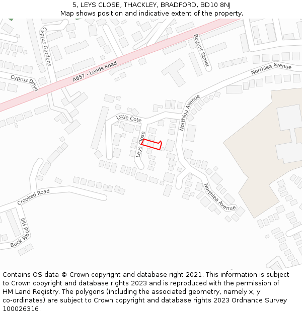 5, LEYS CLOSE, THACKLEY, BRADFORD, BD10 8NJ: Location map and indicative extent of plot