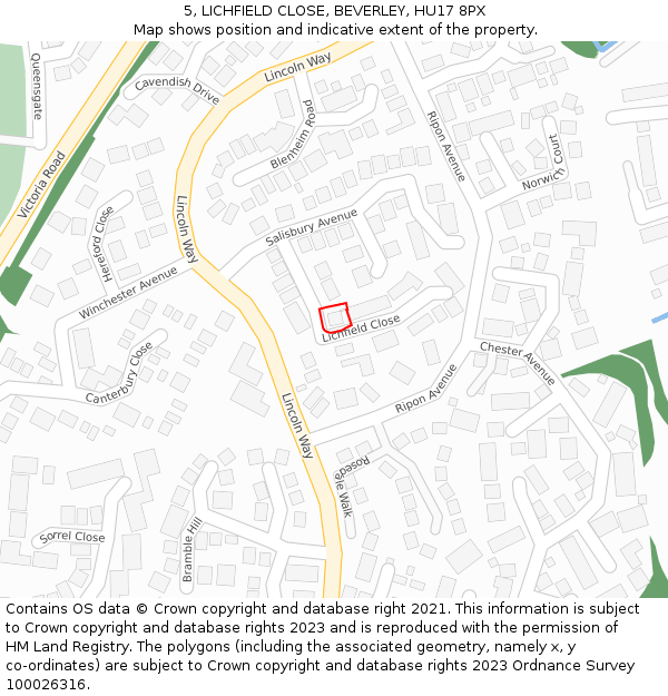 5, LICHFIELD CLOSE, BEVERLEY, HU17 8PX: Location map and indicative extent of plot