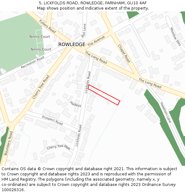 5, LICKFOLDS ROAD, ROWLEDGE, FARNHAM, GU10 4AF: Location map and indicative extent of plot