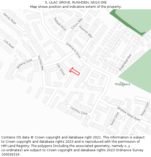 5, LILAC GROVE, RUSHDEN, NN10 0XE: Location map and indicative extent of plot