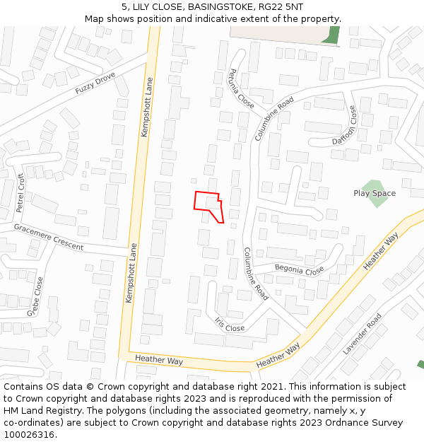 5, LILY CLOSE, BASINGSTOKE, RG22 5NT: Location map and indicative extent of plot