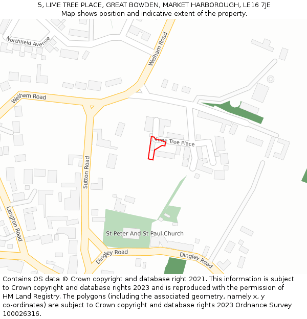 5, LIME TREE PLACE, GREAT BOWDEN, MARKET HARBOROUGH, LE16 7JE: Location map and indicative extent of plot