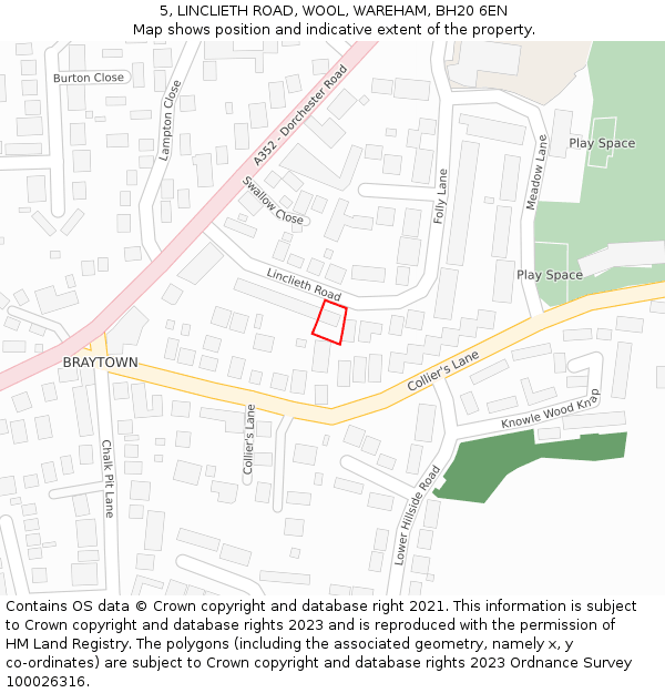 5, LINCLIETH ROAD, WOOL, WAREHAM, BH20 6EN: Location map and indicative extent of plot