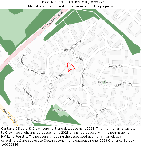 5, LINCOLN CLOSE, BASINGSTOKE, RG22 4PN: Location map and indicative extent of plot