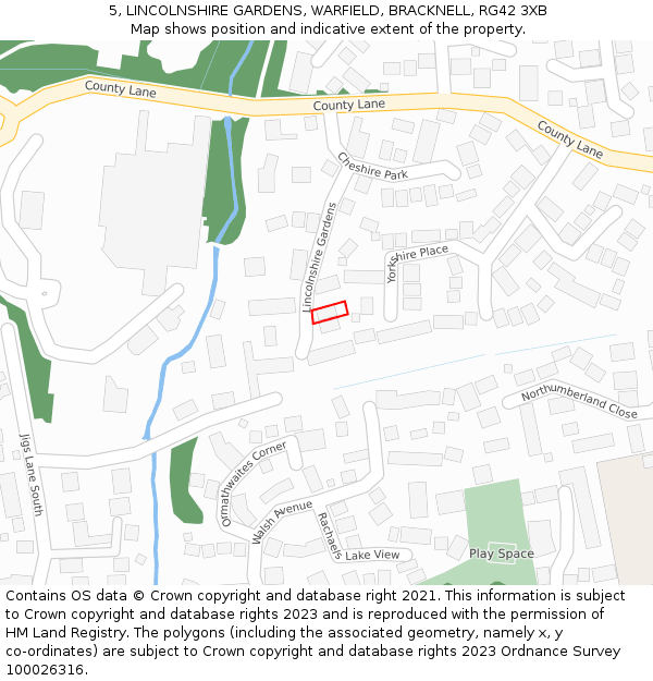 5, LINCOLNSHIRE GARDENS, WARFIELD, BRACKNELL, RG42 3XB: Location map and indicative extent of plot