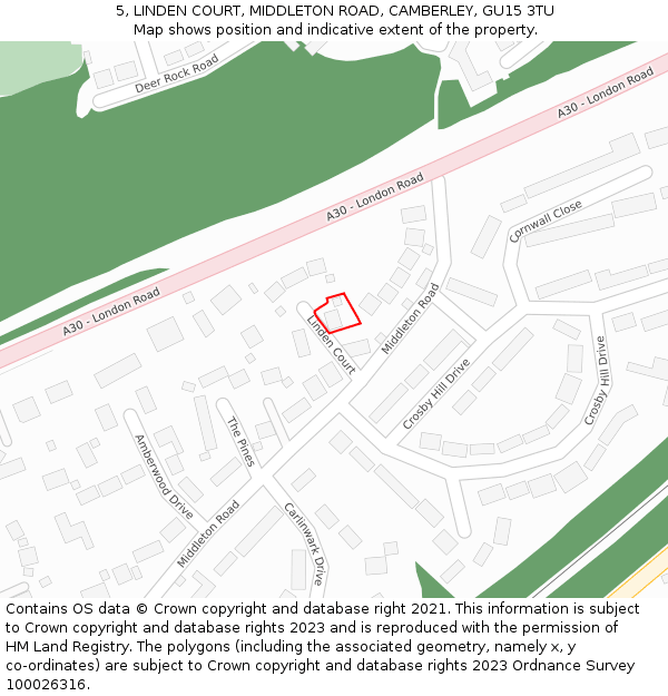 5, LINDEN COURT, MIDDLETON ROAD, CAMBERLEY, GU15 3TU: Location map and indicative extent of plot