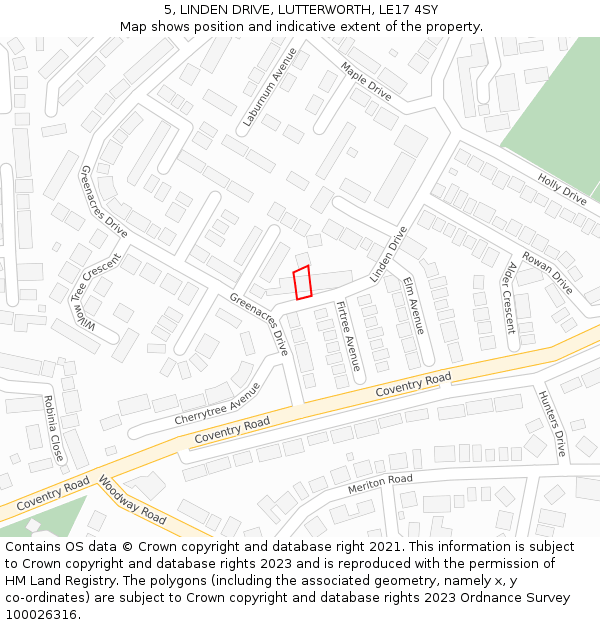 5, LINDEN DRIVE, LUTTERWORTH, LE17 4SY: Location map and indicative extent of plot