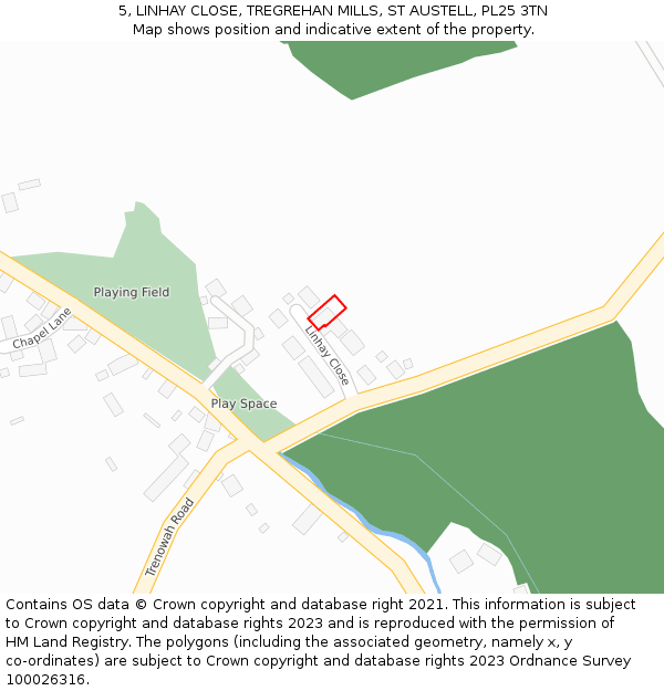 5, LINHAY CLOSE, TREGREHAN MILLS, ST AUSTELL, PL25 3TN: Location map and indicative extent of plot