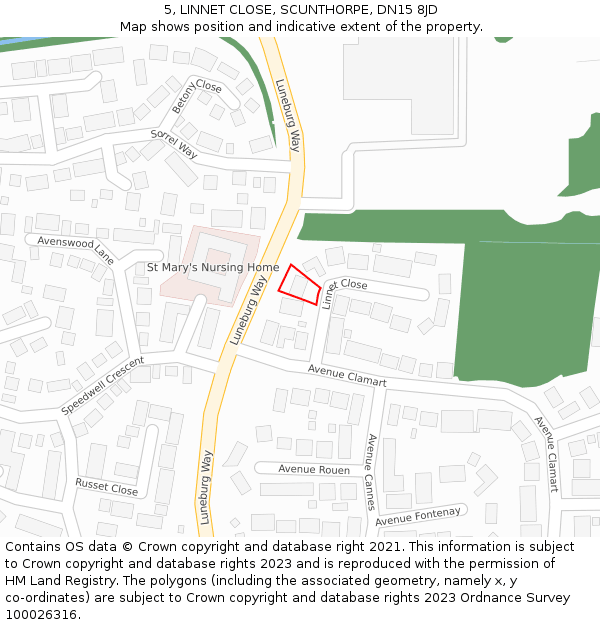 5, LINNET CLOSE, SCUNTHORPE, DN15 8JD: Location map and indicative extent of plot