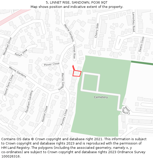 5, LINNET RISE, SANDOWN, PO36 9QT: Location map and indicative extent of plot