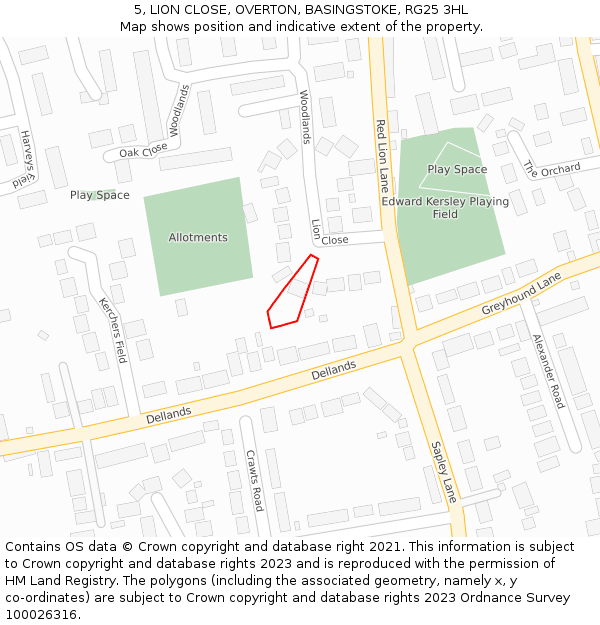 5, LION CLOSE, OVERTON, BASINGSTOKE, RG25 3HL: Location map and indicative extent of plot