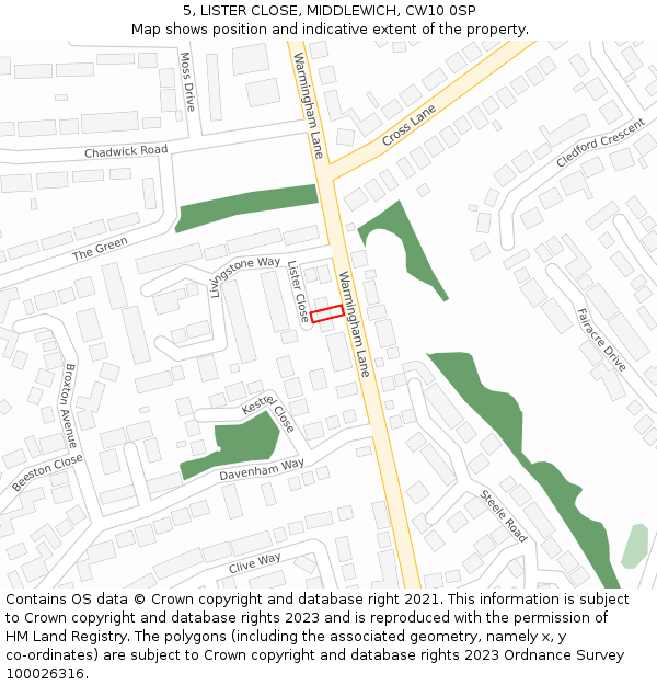 5, LISTER CLOSE, MIDDLEWICH, CW10 0SP: Location map and indicative extent of plot