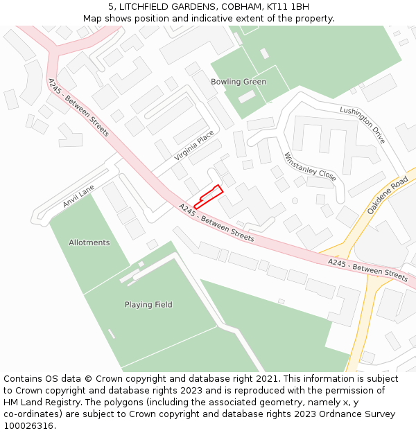 5, LITCHFIELD GARDENS, COBHAM, KT11 1BH: Location map and indicative extent of plot