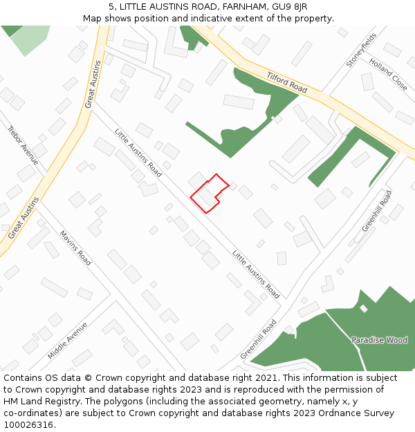 5, LITTLE AUSTINS ROAD, FARNHAM, GU9 8JR: Location map and indicative extent of plot