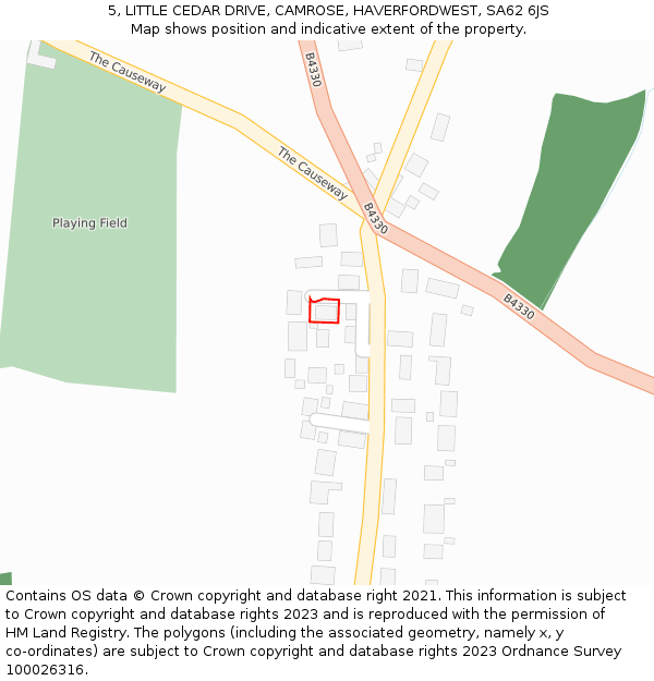 5, LITTLE CEDAR DRIVE, CAMROSE, HAVERFORDWEST, SA62 6JS: Location map and indicative extent of plot