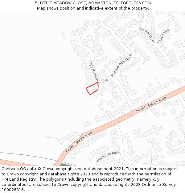 5, LITTLE MEADOW CLOSE, ADMASTON, TELFORD, TF5 0DN: Location map and indicative extent of plot