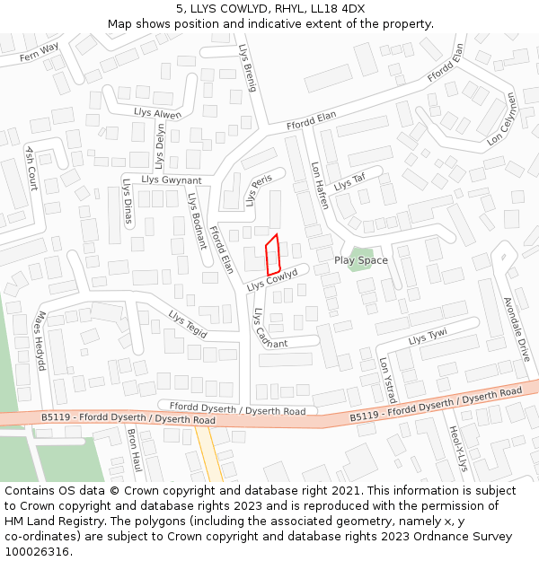 5, LLYS COWLYD, RHYL, LL18 4DX: Location map and indicative extent of plot