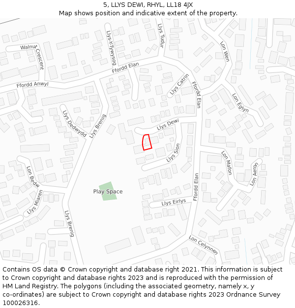 5, LLYS DEWI, RHYL, LL18 4JX: Location map and indicative extent of plot