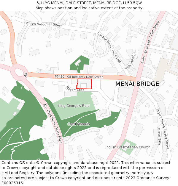 5, LLYS MENAI, DALE STREET, MENAI BRIDGE, LL59 5QW: Location map and indicative extent of plot