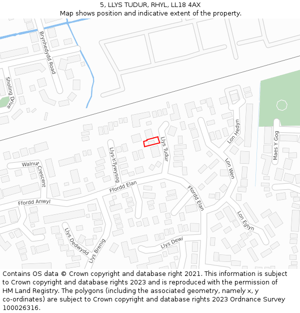 5, LLYS TUDUR, RHYL, LL18 4AX: Location map and indicative extent of plot