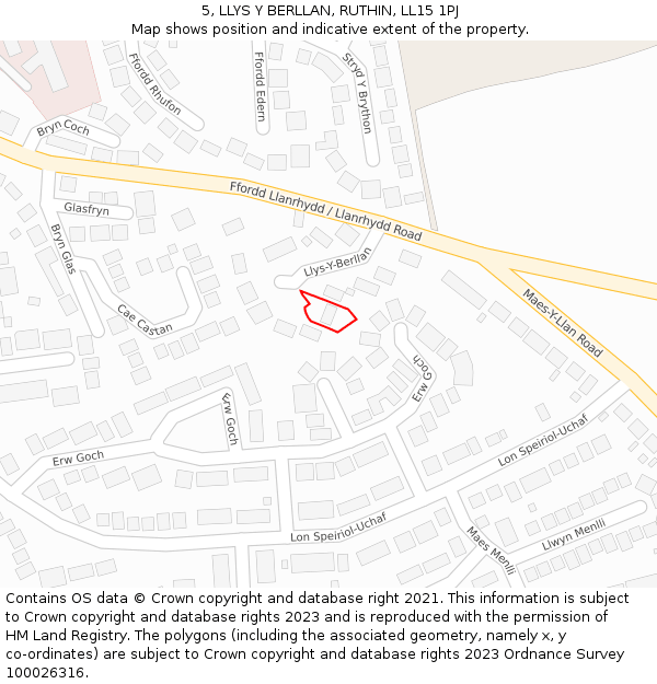 5, LLYS Y BERLLAN, RUTHIN, LL15 1PJ: Location map and indicative extent of plot