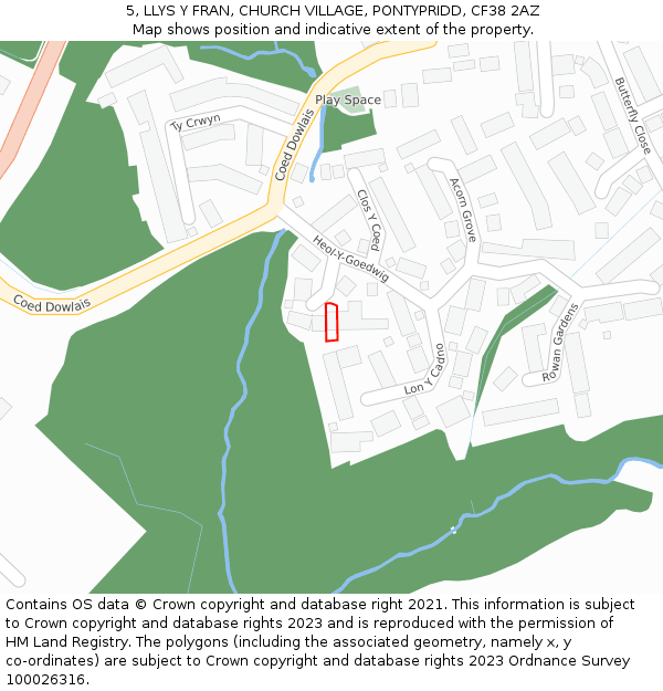 5, LLYS Y FRAN, CHURCH VILLAGE, PONTYPRIDD, CF38 2AZ: Location map and indicative extent of plot