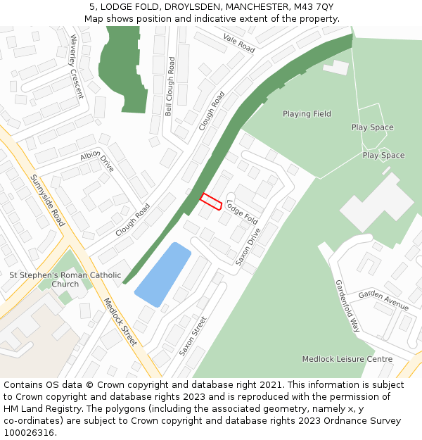 5, LODGE FOLD, DROYLSDEN, MANCHESTER, M43 7QY: Location map and indicative extent of plot