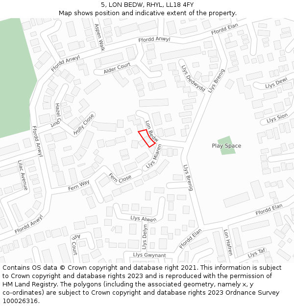 5, LON BEDW, RHYL, LL18 4FY: Location map and indicative extent of plot