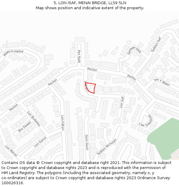 5, LON ISAF, MENAI BRIDGE, LL59 5LN: Location map and indicative extent of plot