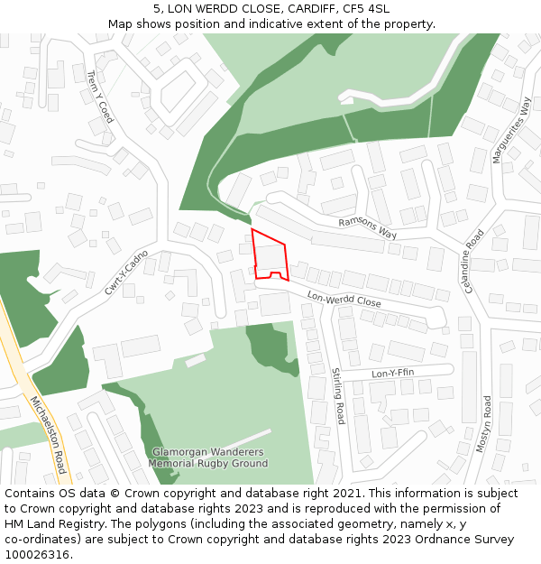 5, LON WERDD CLOSE, CARDIFF, CF5 4SL: Location map and indicative extent of plot